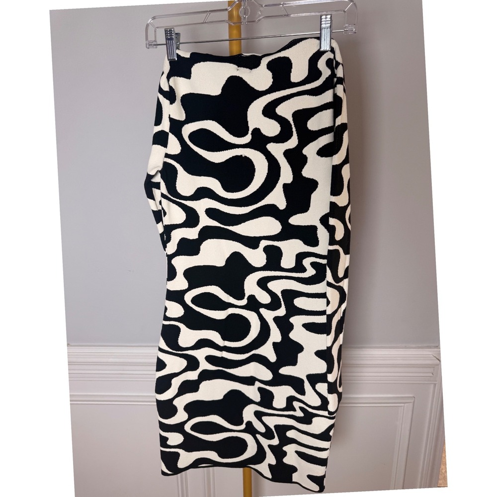 River Island Abstract Swirl Knit Bodycon Dress US 4 Black White Mesh Cutout - Picture 3 of 8